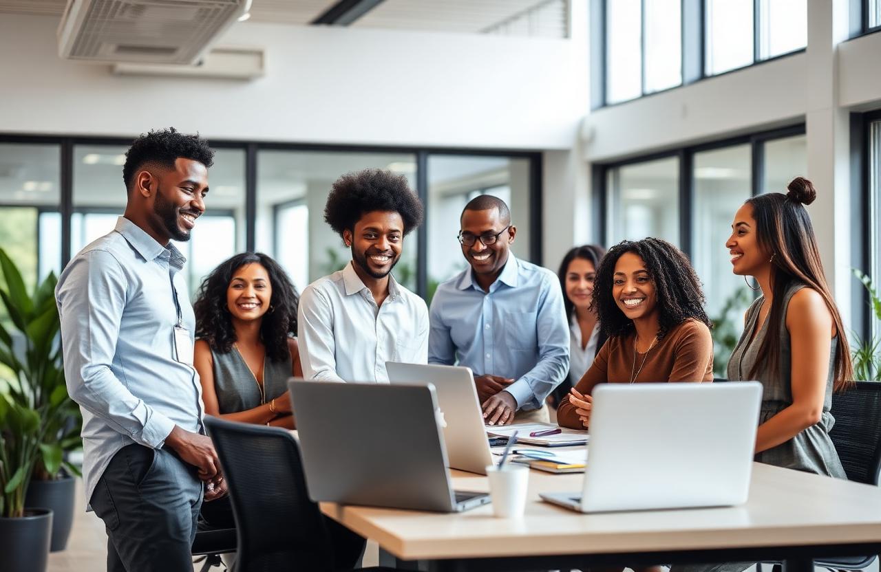 Diverse Mauritian team collaborating in a modern office