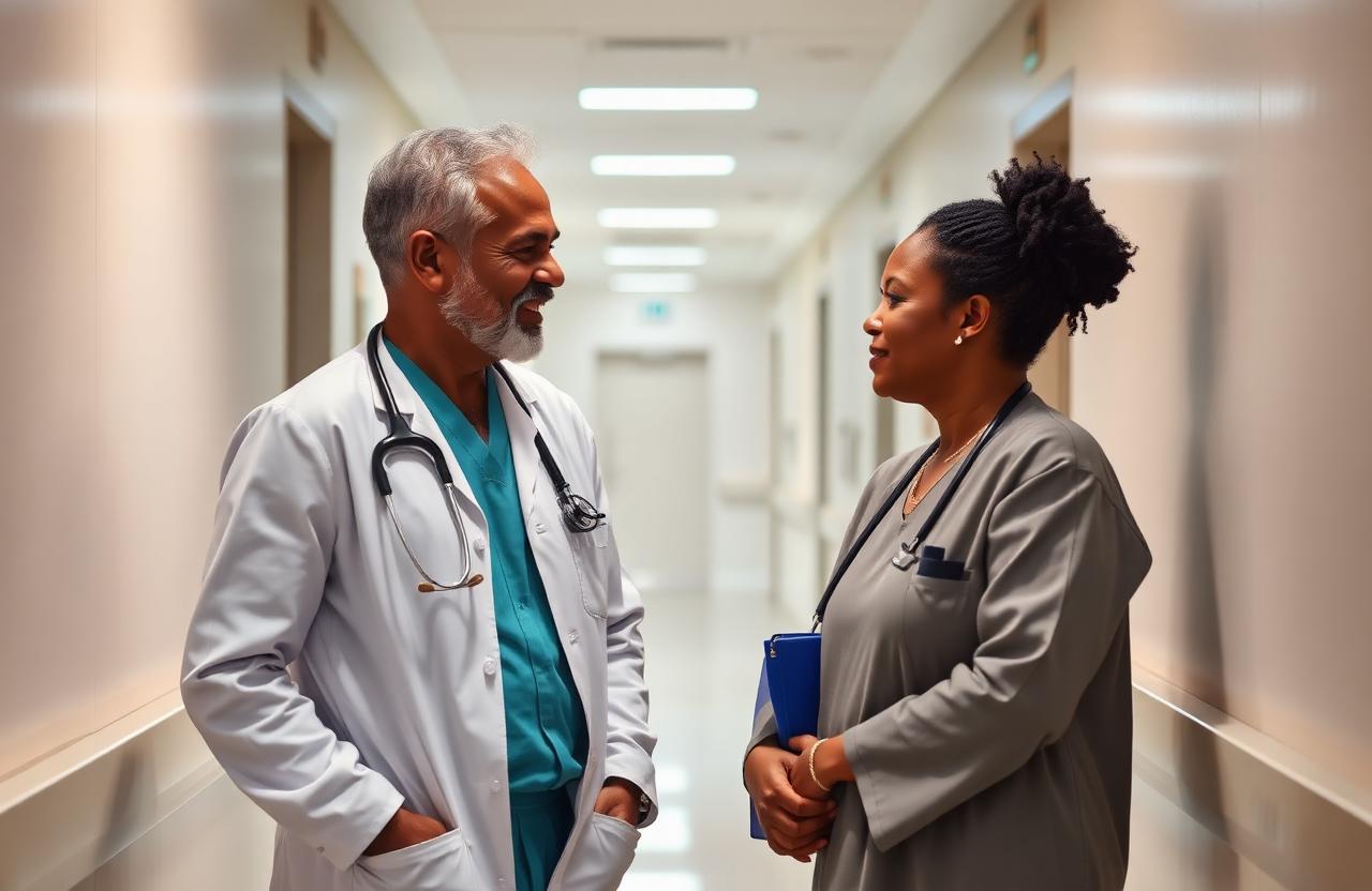 Mauritian doctor and nurse consulting in a hospital corridor